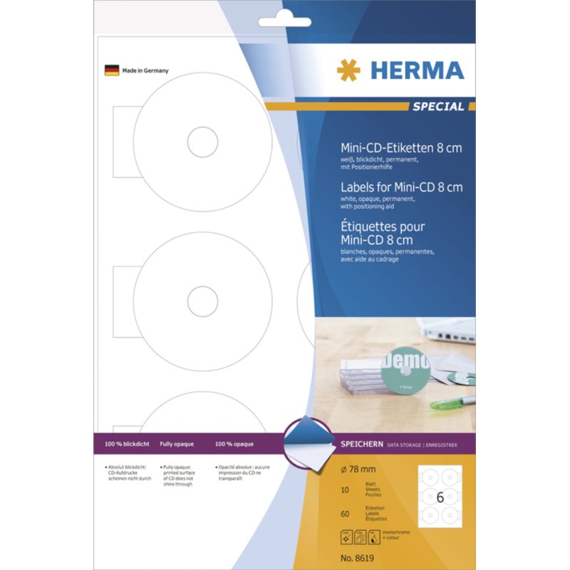HERMA mini-cd etiketten, wit, 78 mm diameter, 60 stuks