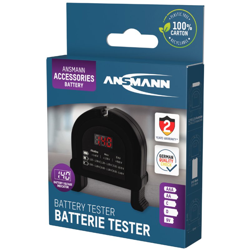 ANSMANN batterijentester BATTERY TESTER, knoop- en ronde batterijen, 9V E-block, zakformaat