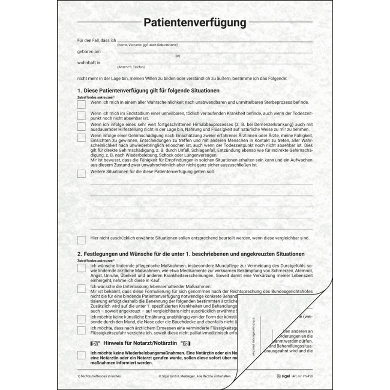 sigel patient advance directive form set PV 450, grey, A4, 8 sheets