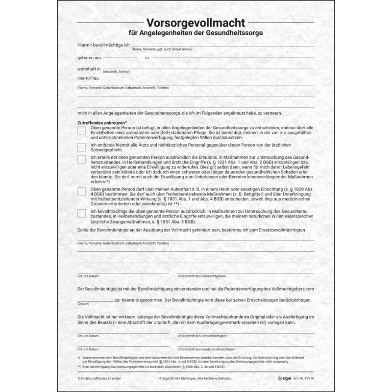 sigel patient advance directive form set PV 450, grey, A4, 8 sheets