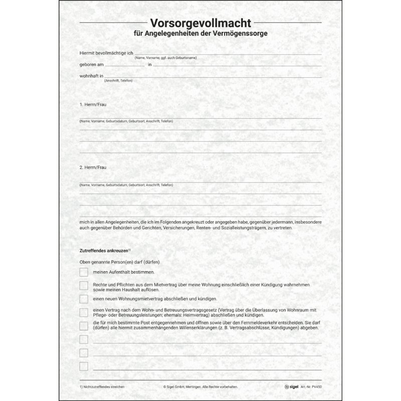sigel patient advance directive form set PV 450, grey, A4, 8 sheets