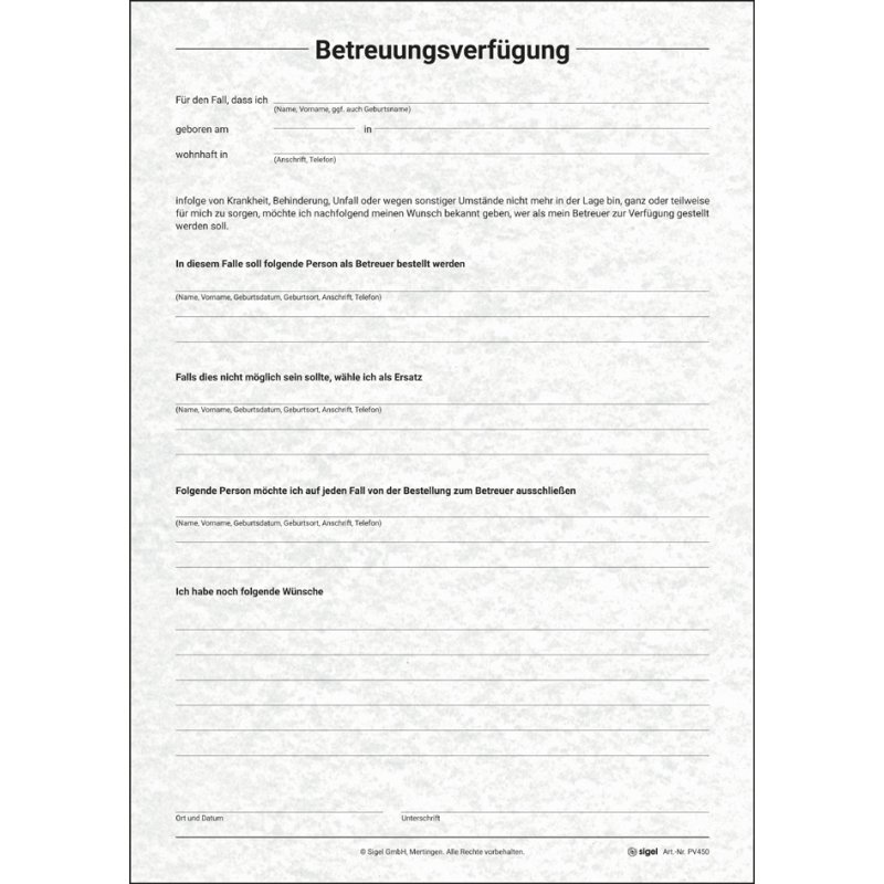 sigel patient advance directive form set PV 450, grey, A4, 8 sheets