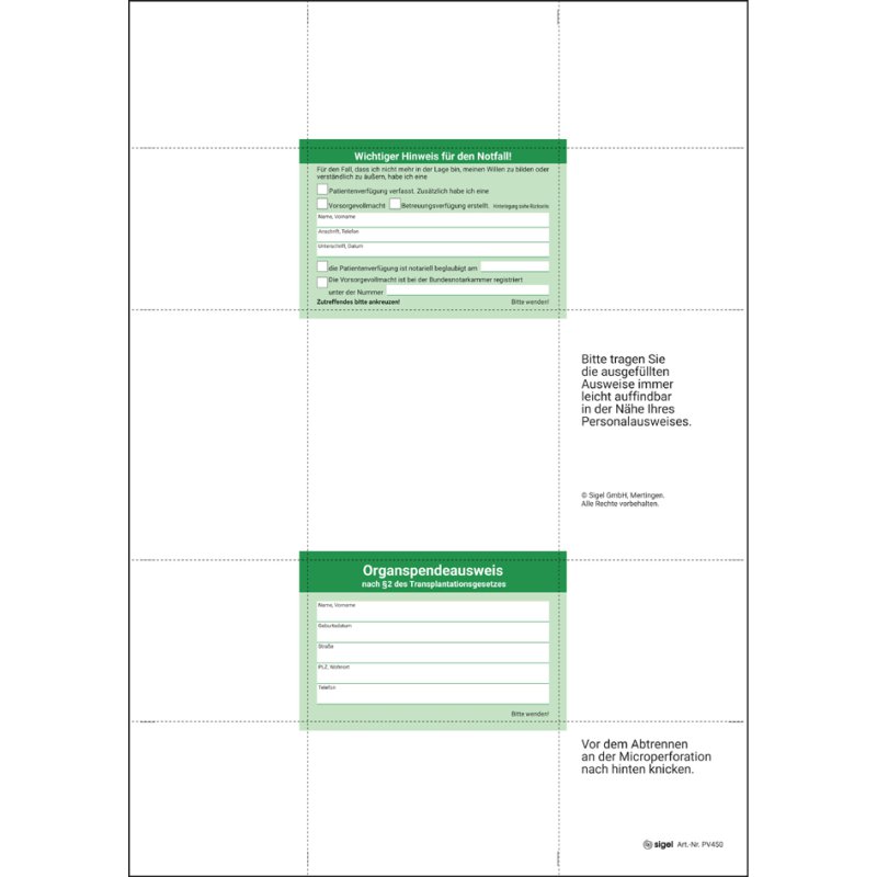 sigel patient advance directive form set PV 450, grey, A4, 8 sheets