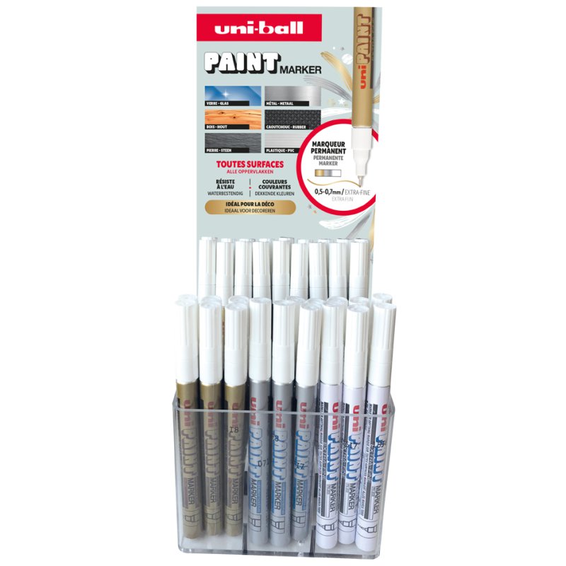 uni-ball permanente marker PAINT PX203, 0,5-0,7 mm, goud/wit/zilver, 36 stuks