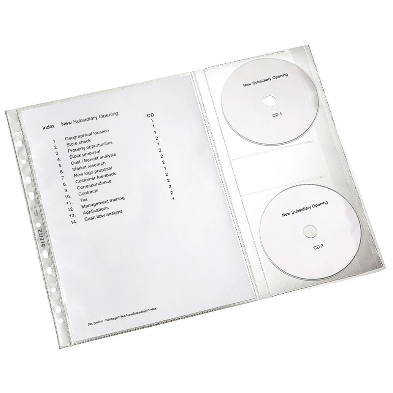LEITZ A4 document wallets with CD pocket, transparent textured, PP embossed 0.12 mm, 5 pieces