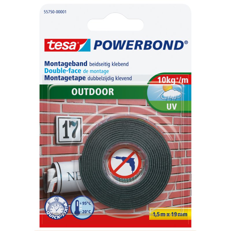 tesa Powerbond ruban de montage double face outdoor, noir, 19 mm × 1,5 m