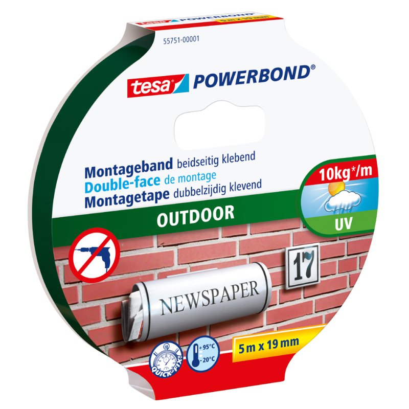 tesa Powerbond ruban de montage double face outdoor, noir, 19 mm × 1,5 m