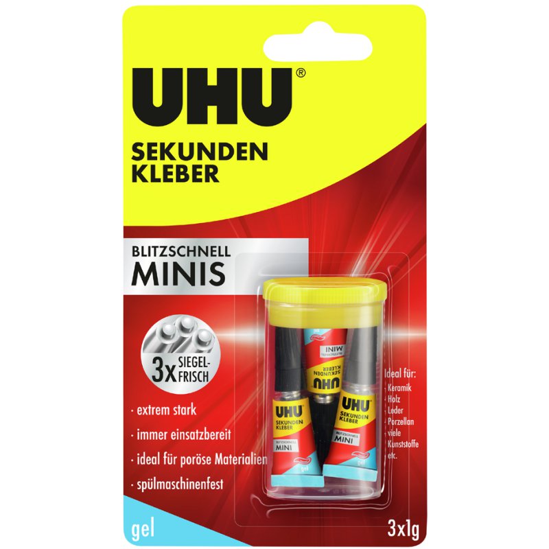 UHU colle instantanée gel mini tubes, 3 pièces, 1 gramme par tube