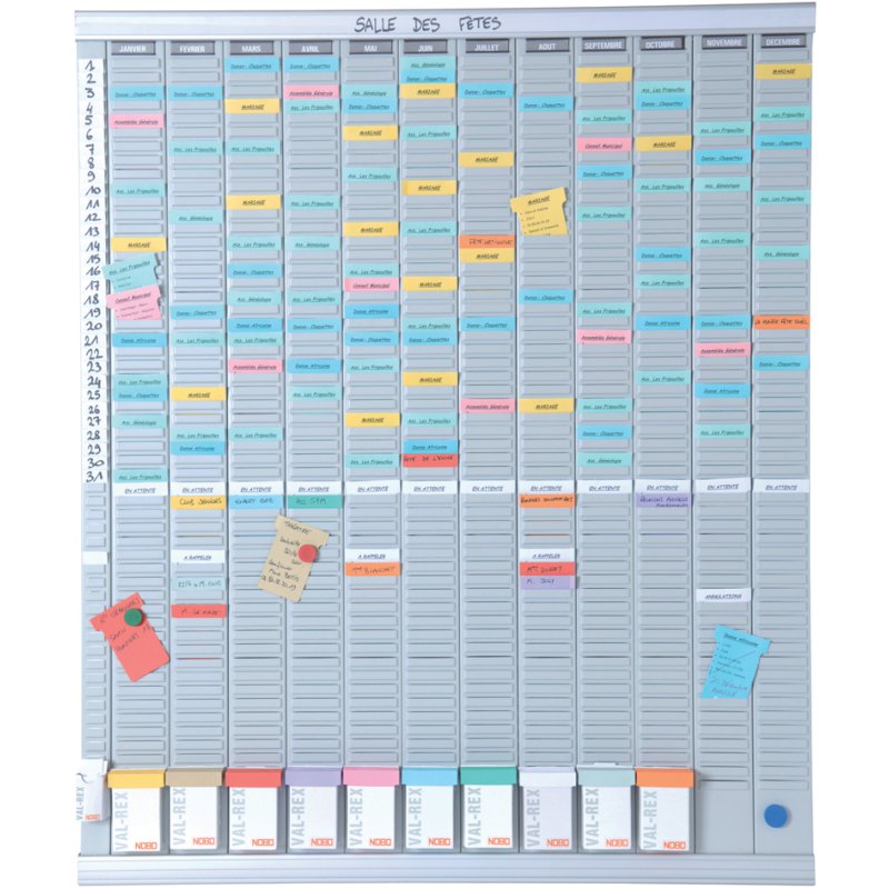 nobo jaarplanner, grijs, 800×954 mm, 12 kaarthouders, magnetische etiketten