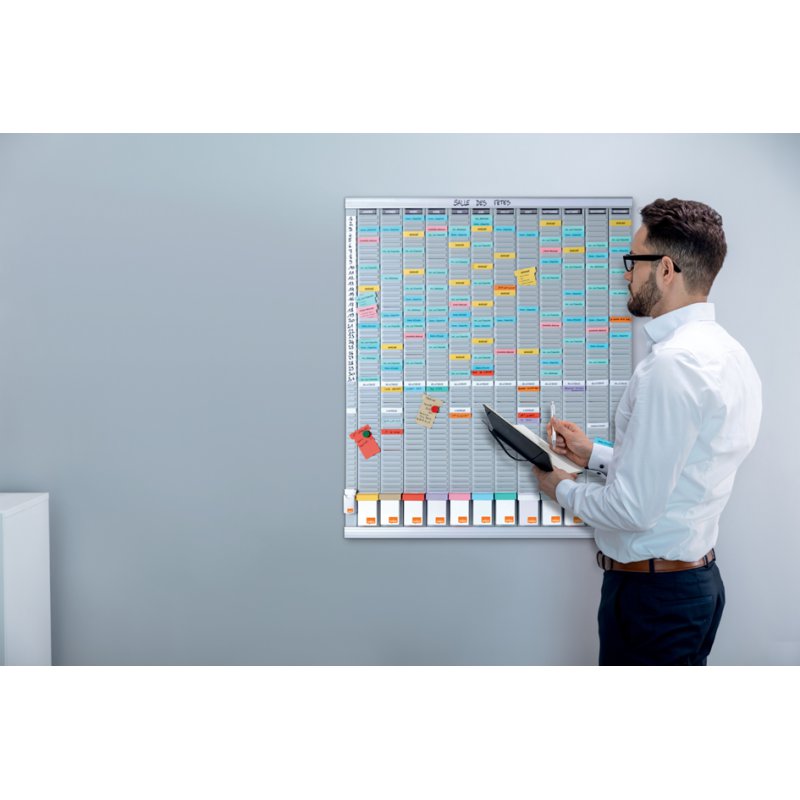 nobo jaarplanner, grijs, 800×954 mm, 12 kaarthouders, magnetische etiketten