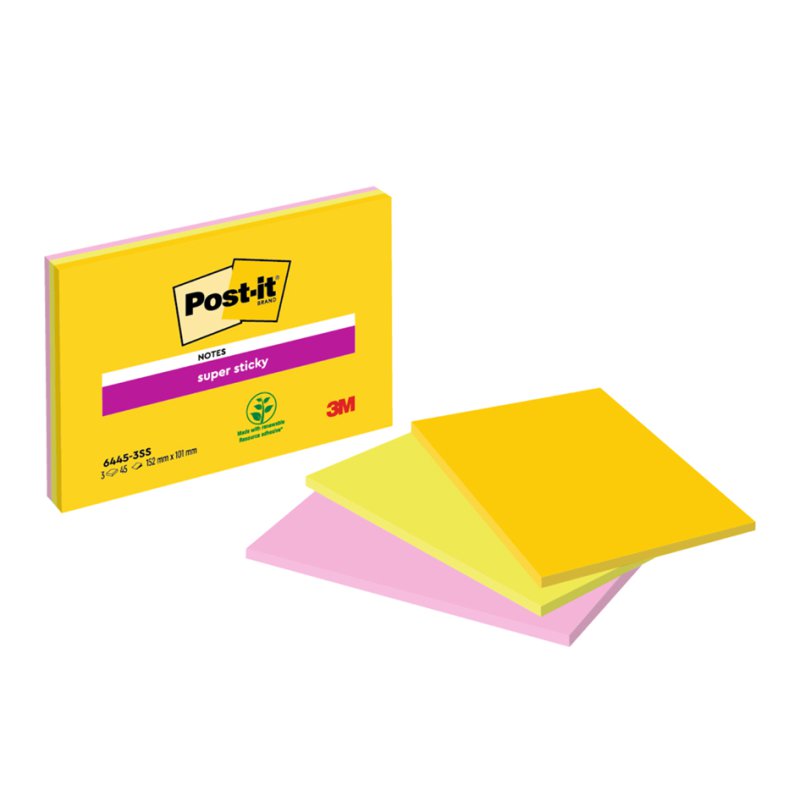 Post-it Super Sticky notes adhésives, 152×101 mm, mixte, 3 blocs