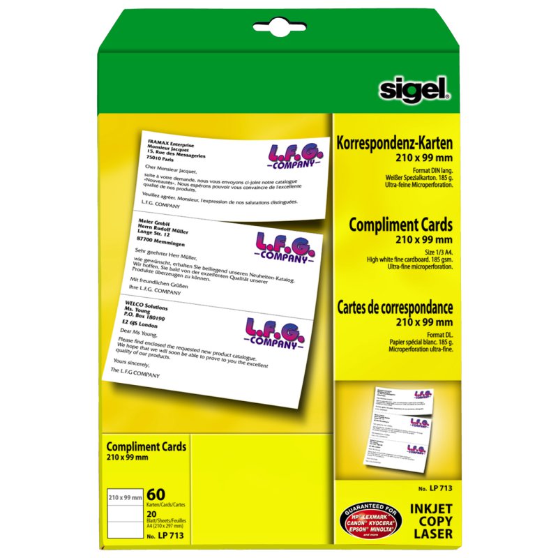Sigel cartes de correspondance pour impressions informatiques, DIN long, blanc, 185 g/m², 60 pièces
