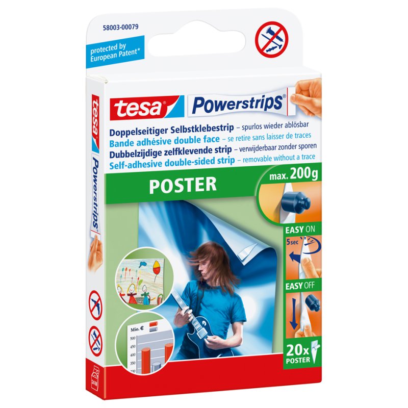 tesa Powerstrips posterstrips, draagkracht max. 0,2 kg, 20 stuks