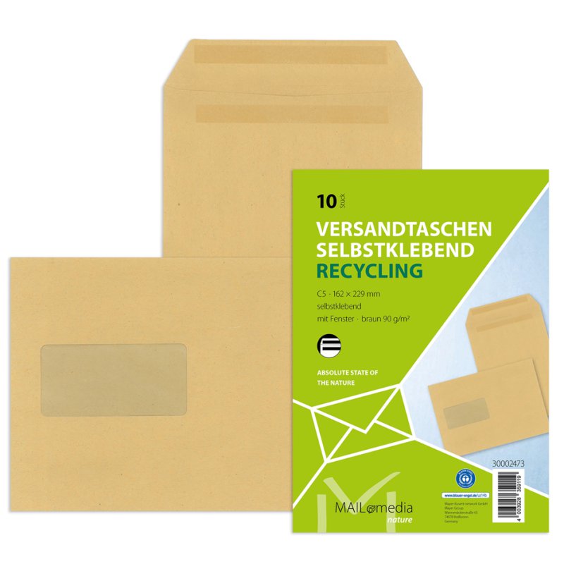 MAILmedia Pochettes d'expédition C4 kraft naturel, fenêtre à gauche, 10 pièces