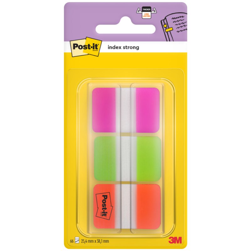 Post-it marqueur adhésif Index Strong, 25,4 × 38 mm, couleurs assorties, 66 pièces