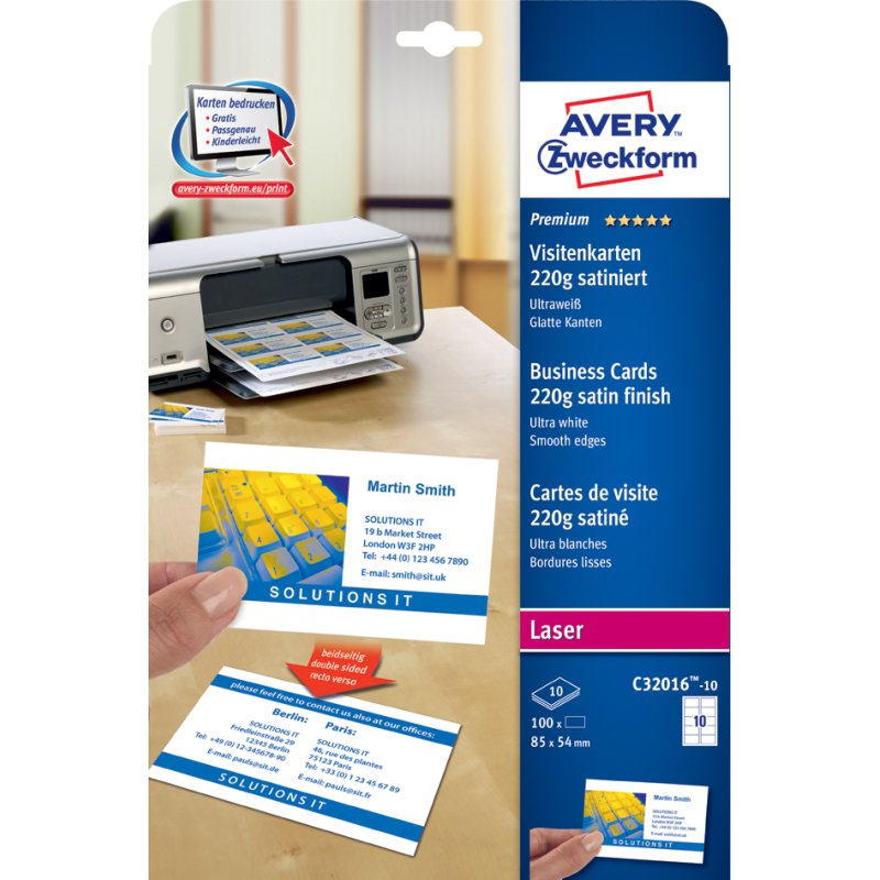 AVERY Zweckform cartes de visite Quick & Clean, satiné, 84×54 mm, 250 pcs