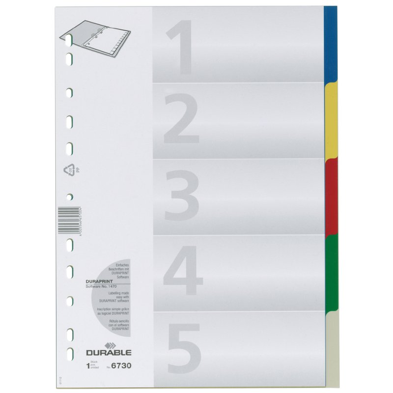 DURABLE onglets plastique A4, 5 parties, onglets colorés, perforation universelle