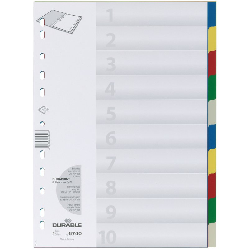 DURABLE onglets plastique A4, 5 parties, onglets colorés, perforation universelle