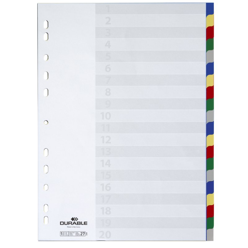 DURABLE onglets plastique A4, 5 parties, onglets colorés, perforation universelle