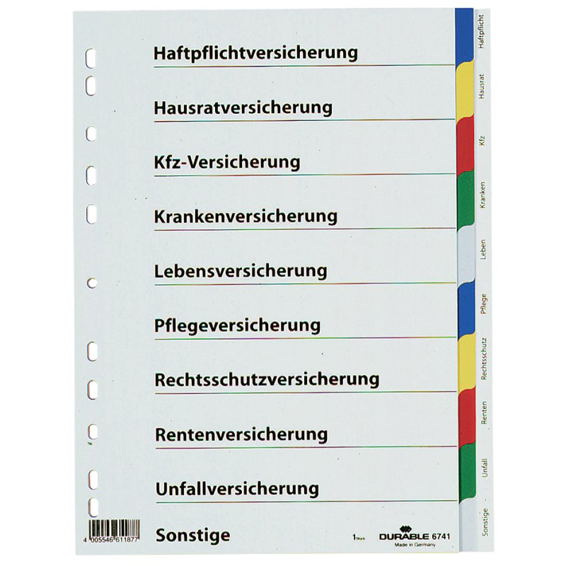 DURABLE plastic insurance tabs A4, white with coloured tabs, universal punching