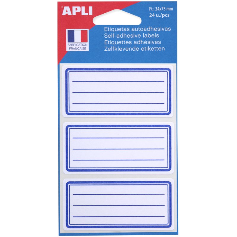 APLI boekenetiketten, wit/blauw, gelinieerd, 34×75 mm, 24 stuks