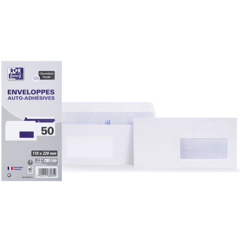 Oxford enveloppes DL, 110×220 mm, autocollantes, 50 pièces