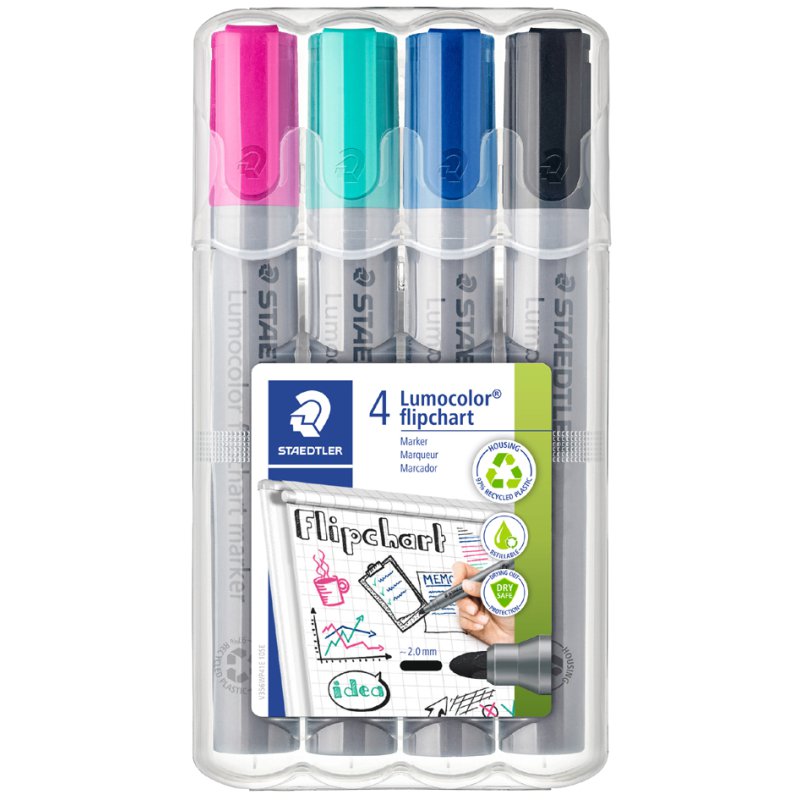 STAEDTLER Lumocolor flipchartmarkers 356, navulbaar, 4 stuks, roze/turquoise/blauw/zwart