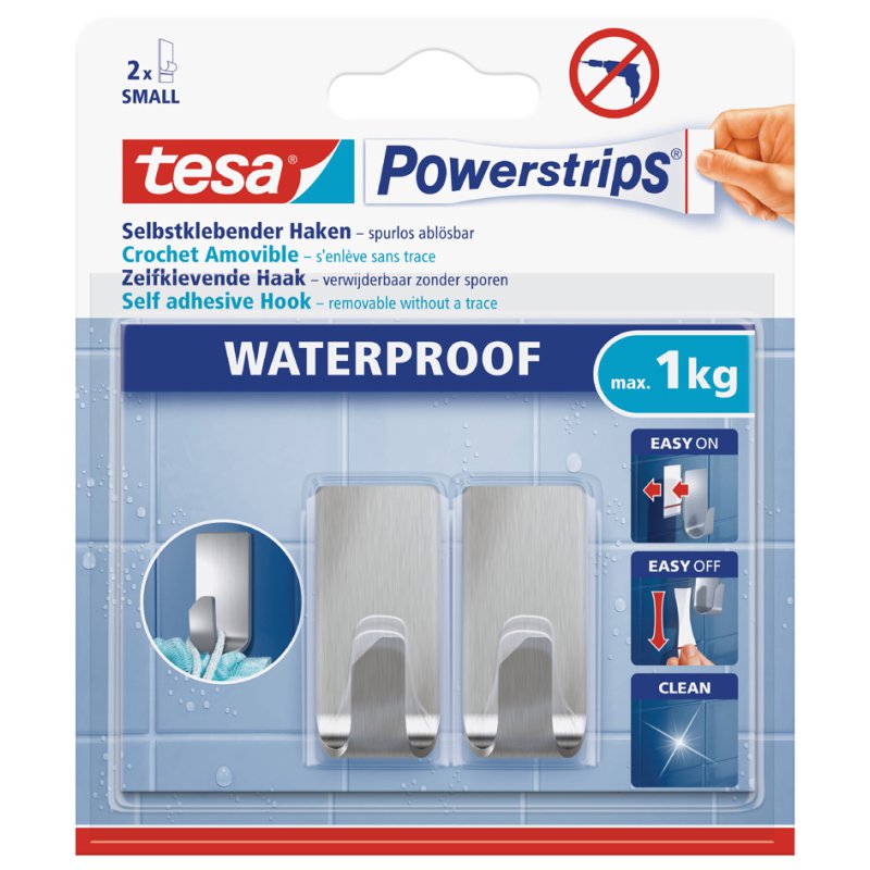 tesa Powerstrips hook ZOOM WATERPROOF Large, waterproof, silver, metal