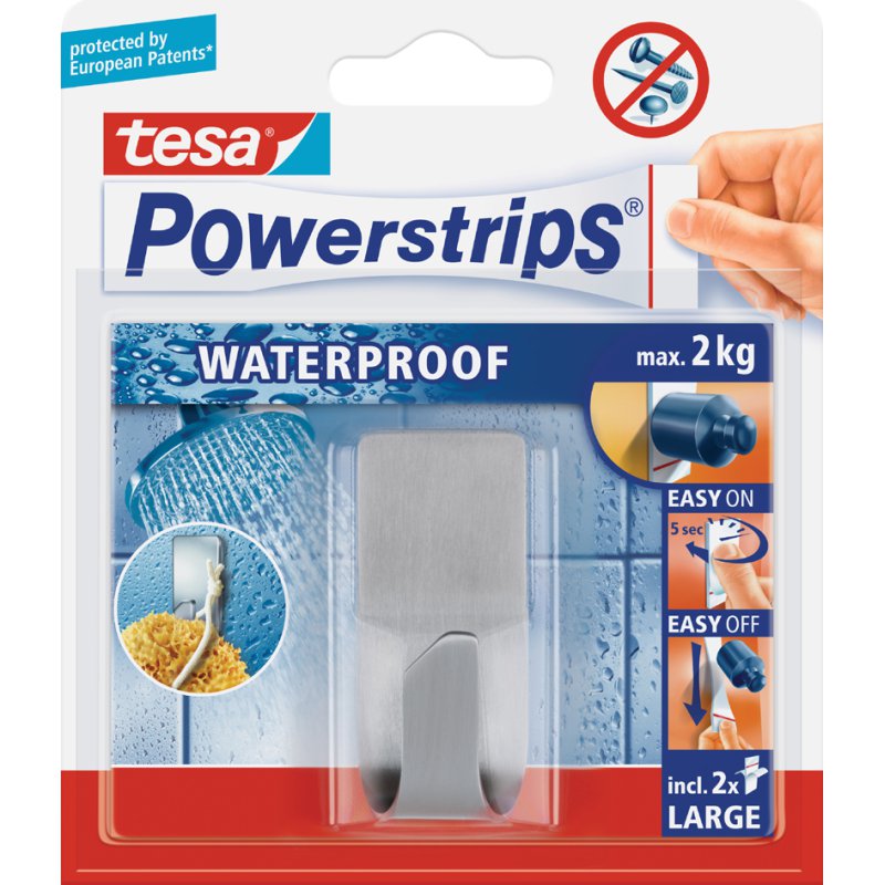 tesa Powerstrips hook ZOOM WATERPROOF Large, waterproof, silver, metal
