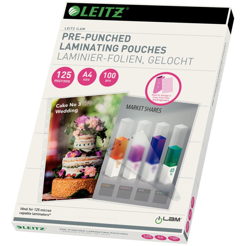 LEITZ pochettes de plastification A4, perforation, 160 microns, 100 pièces