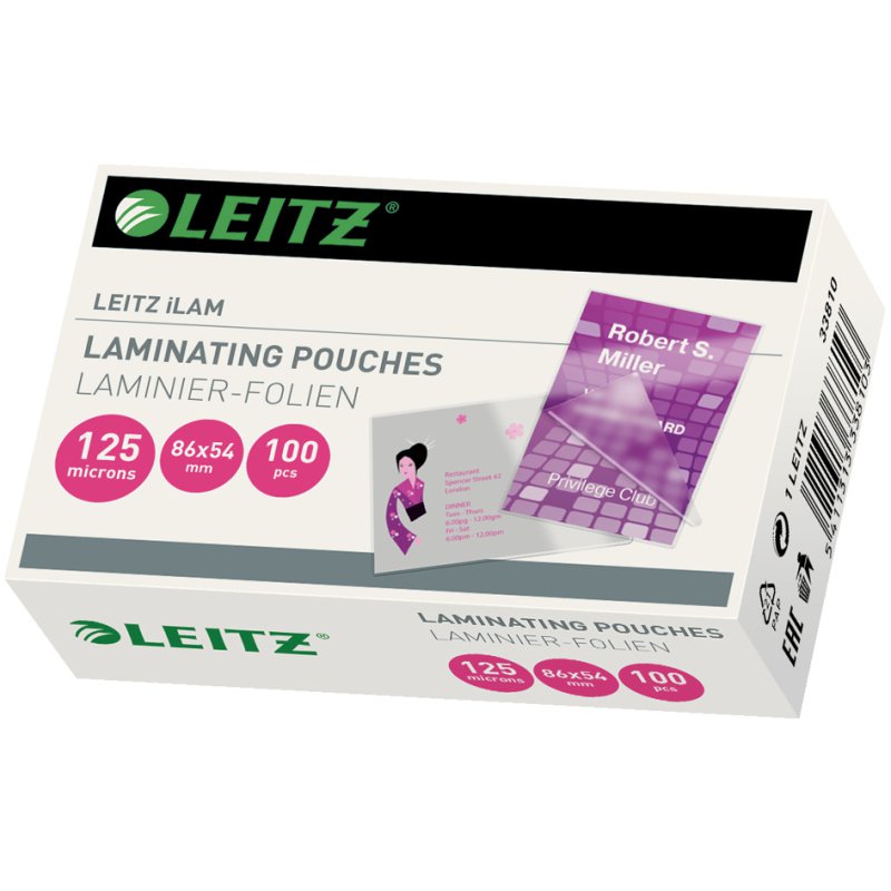LEITZ pochettes de plastification cartes de visite, 60×90 mm, 250 mic, 100 pièces