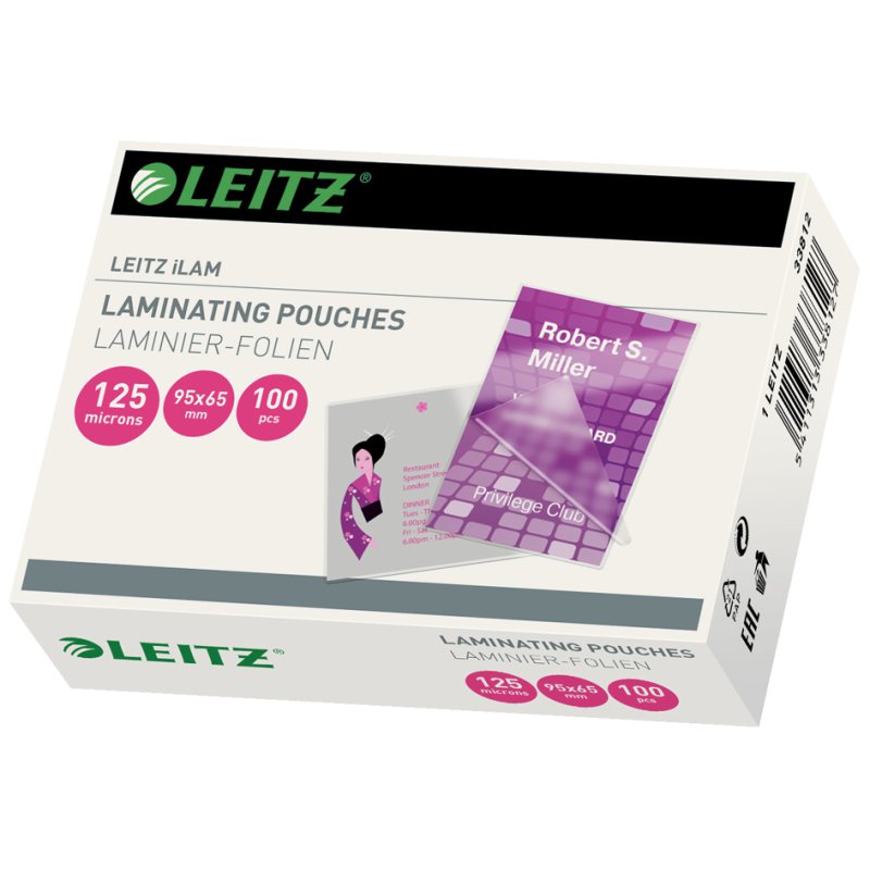 LEITZ pochettes de plastification cartes de visite, 60×90 mm, 250 mic, 100 pièces