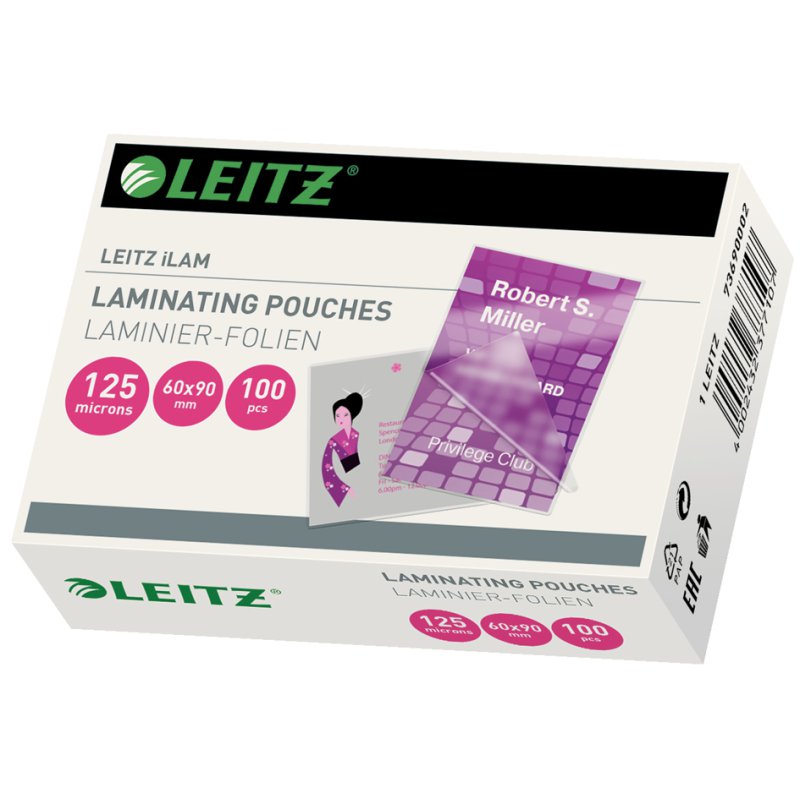 LEITZ pochettes de plastification cartes de visite, 60×90 mm, 250 mic, 100 pièces
