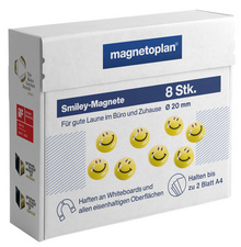 magnetoplan haftmagneet smiley, geel met zwart gezicht, diameter 20 mm, 8 stuks