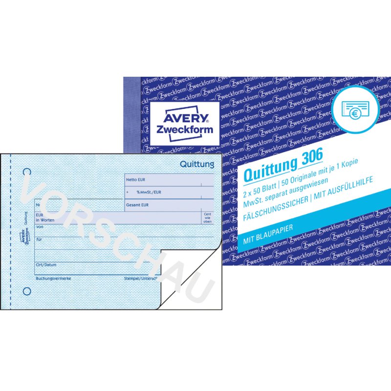 AVERY Zweckform formulierenboek kwitantie btw-overzicht, A6 dwars, 3×50 vel