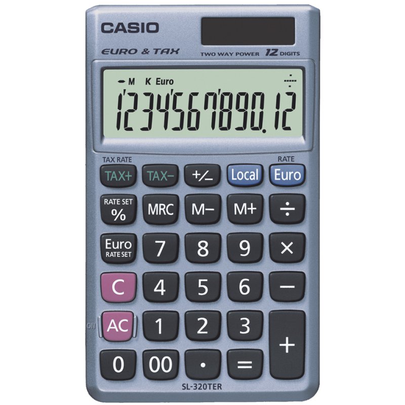 CASIO calculatrice SL-320 TER+, affichage 12 chiffres, énergie solaire/batterie, 70×119×8 mm