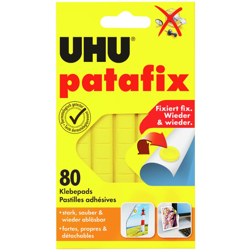 UHU pastilles adhésives réutilisables, jaune, 10 × 12 mm, 80 pièces