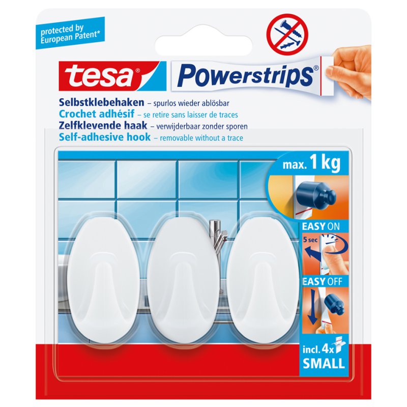 tesa Powerstrips hooks small oval, white, reusable, max. 1 kg