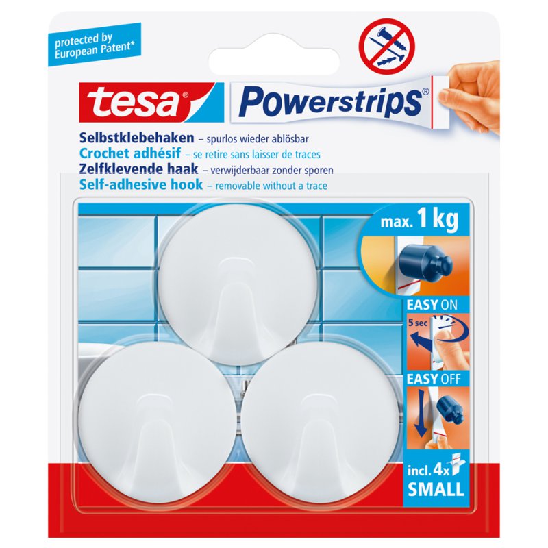 tesa Powerstrips hooks small round, reusable, white, max. 1.0 kg