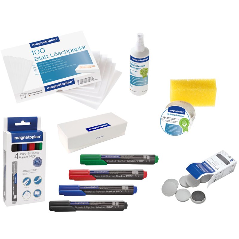 magnetoplan Ensemble d'accessoires pour tableau magnétique, 4 marqueurs, effaceur, nettoyant, aimants