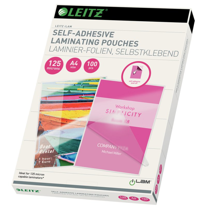 LEITZ pochettes de plastification A4, auto-adhésives, 250 microns brillant, 100 pièces