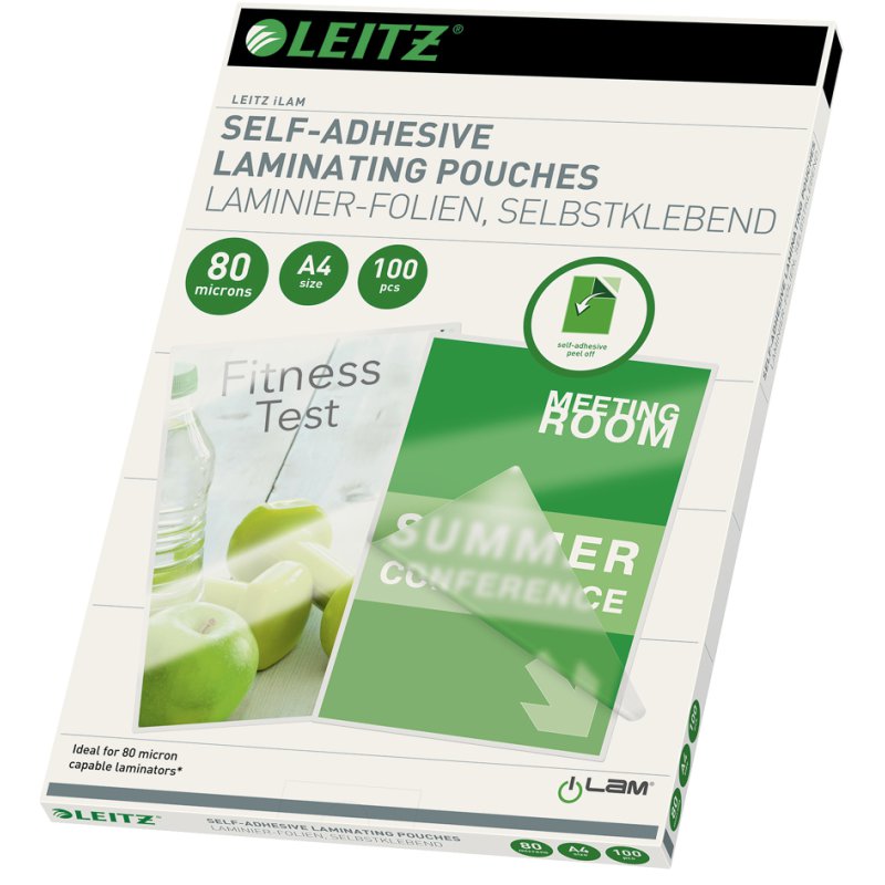 LEITZ pochettes de plastification A4, auto-adhésives, 250 microns brillant, 100 pièces