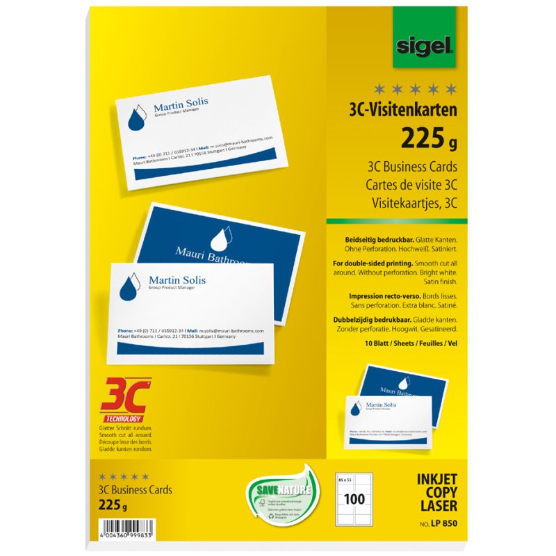 Sigel cartes de visite 3C, 85 × 55 mm, blanc brillant, 100 pièces
