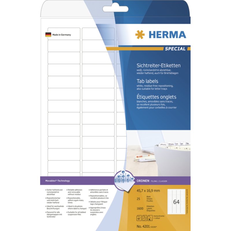 HERMA étiquettes intercalaires, 45,7 × 16,9 mm, blanc, 1600 pièces