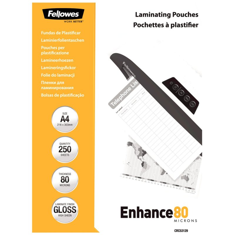 Fellowes pochettes de plastification A4, 160 mic, brillant, 250 pièces