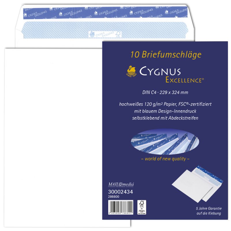 CYGNUS EXCELLENCE enveloppe C4, 229×324 mm, blanc pur, 10 pièces