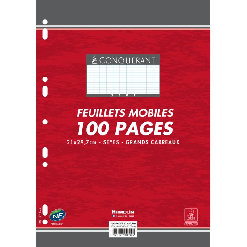 CONQUÉRANT SEPT feuilles de classeur A4, lignes Seyès, 50 feuilles, 90 g/m²