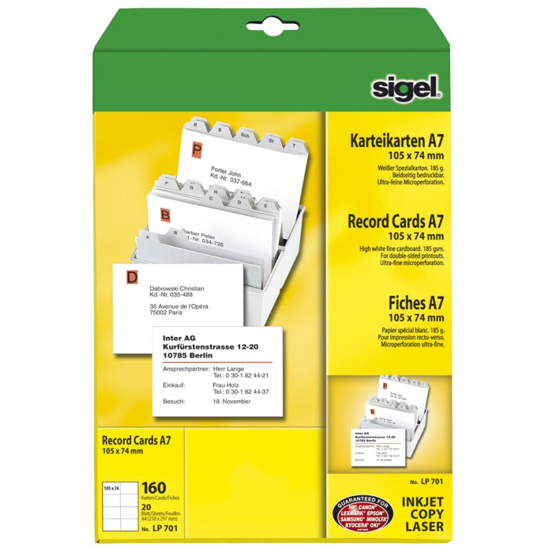 Sigel index cards white 185g, 160 pieces