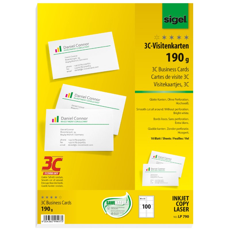 Sigel cartes de visite 3C, 85×55 mm, blanc brillant, 100 pièces