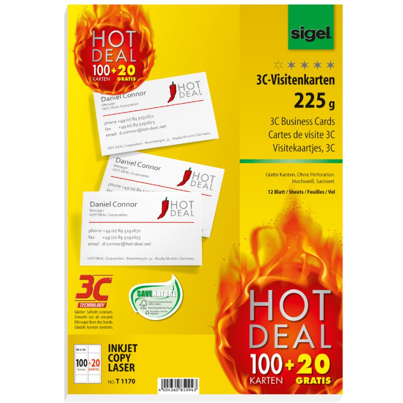 Sigel cartes de visite 3C, 85×55 mm, blanc brillant, 100 pièces